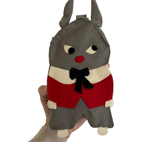 * Vintage handmade child’s purse gray rabbit sewn red clothes cosplay Easter - Picture 4 of 5